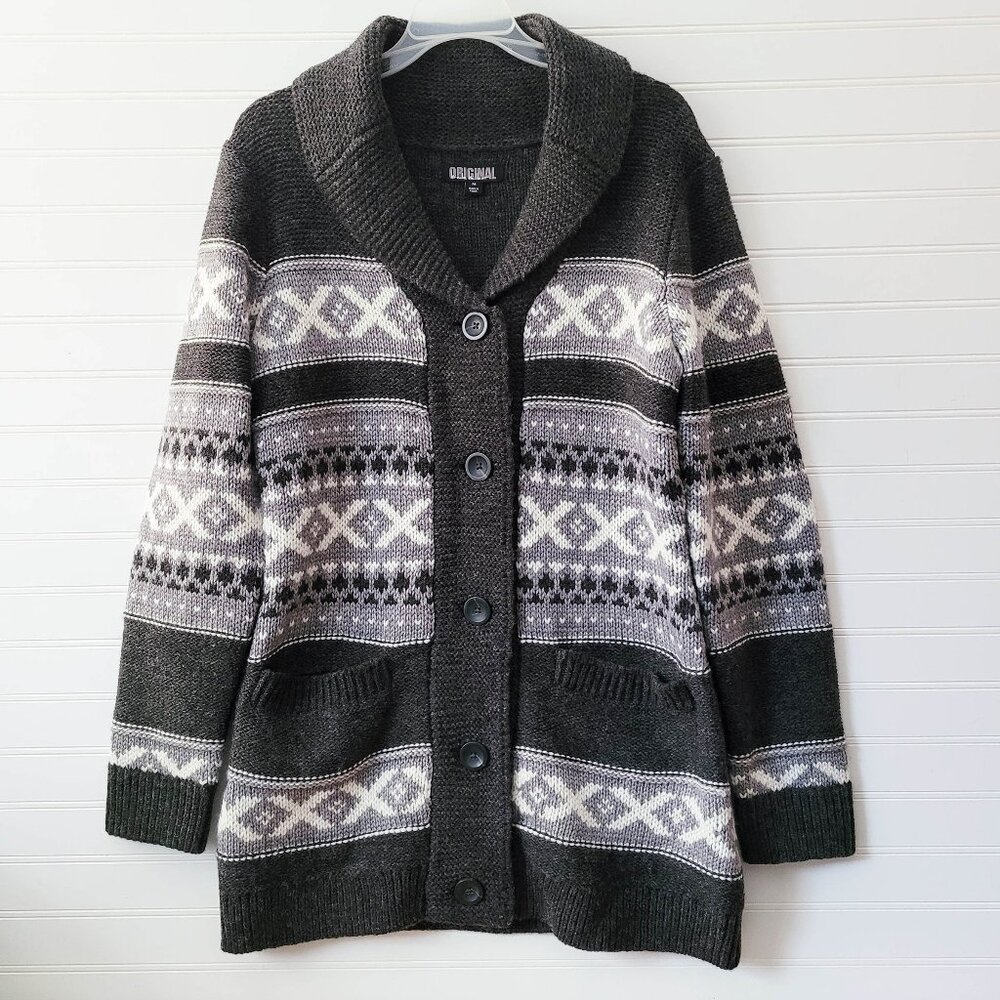 Nicole Miller Cardigan Sweater Size M Gray Fairisle Grandpa Sweater Pockets
